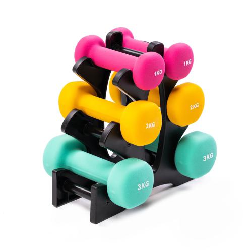Vinyl / Neoprene Dumbbell Set With Stand 12kg – 1kgX2, 2kgX2, 3kgX2 — dumbbell set available from Gym Machines South Africa