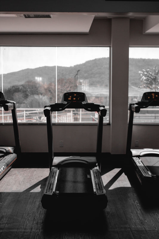 Treadmills lined up facing windows in a gym, comparing commercial and home treadmills in South Africa