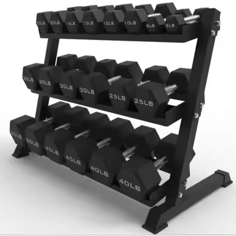 Force Fitness 3 Tier Dumbbell Rack — in use