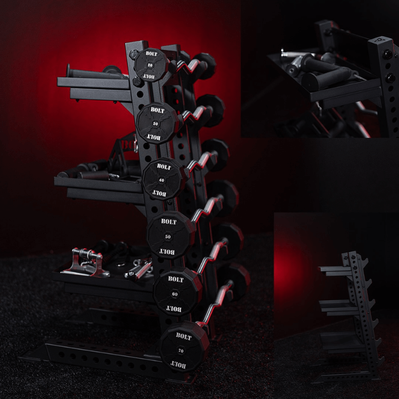Force Fitness Fixed Straight & EZ Curl Barbell Set + Rack — close-up of the frame