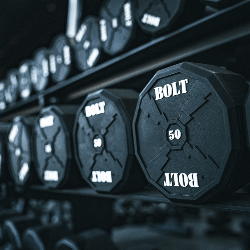 Force Fitness Pro Urethane Full Dumbbell Set + Rack — in use