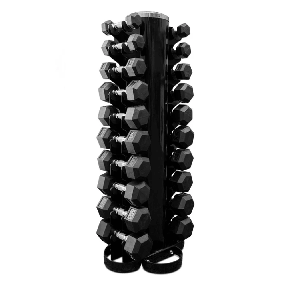 Force Fitness 1-10kg Rubber Hex Dumbbell Set + Rack — rack available from Gym Machines South Africa