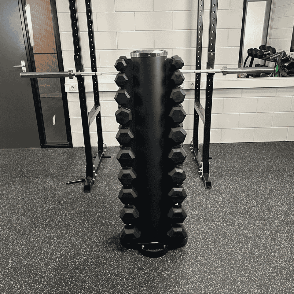 Force Fitness 1-10kg Rubber Hex Dumbbell Set + Rack — side view