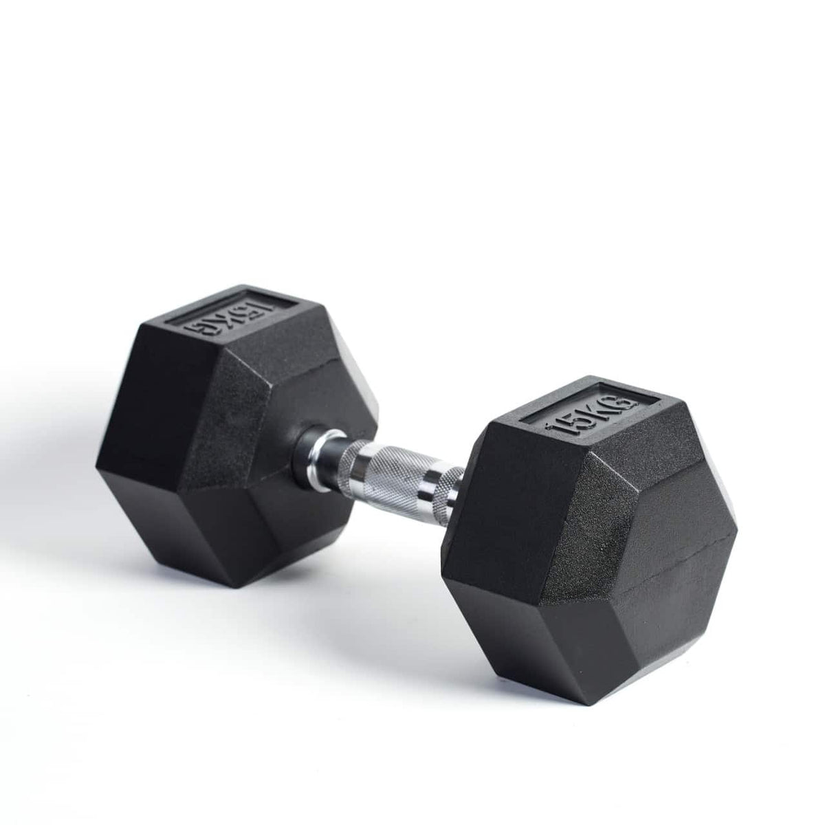 Hexagonal Dumbbells Rubber Coated Pairs (Black & Silver) — rear view