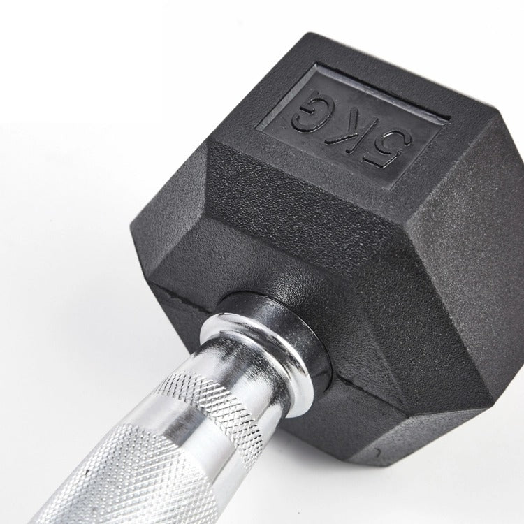 Hexagonal Dumbbells Rubber Coated Pairs (Black & Silver) — side view