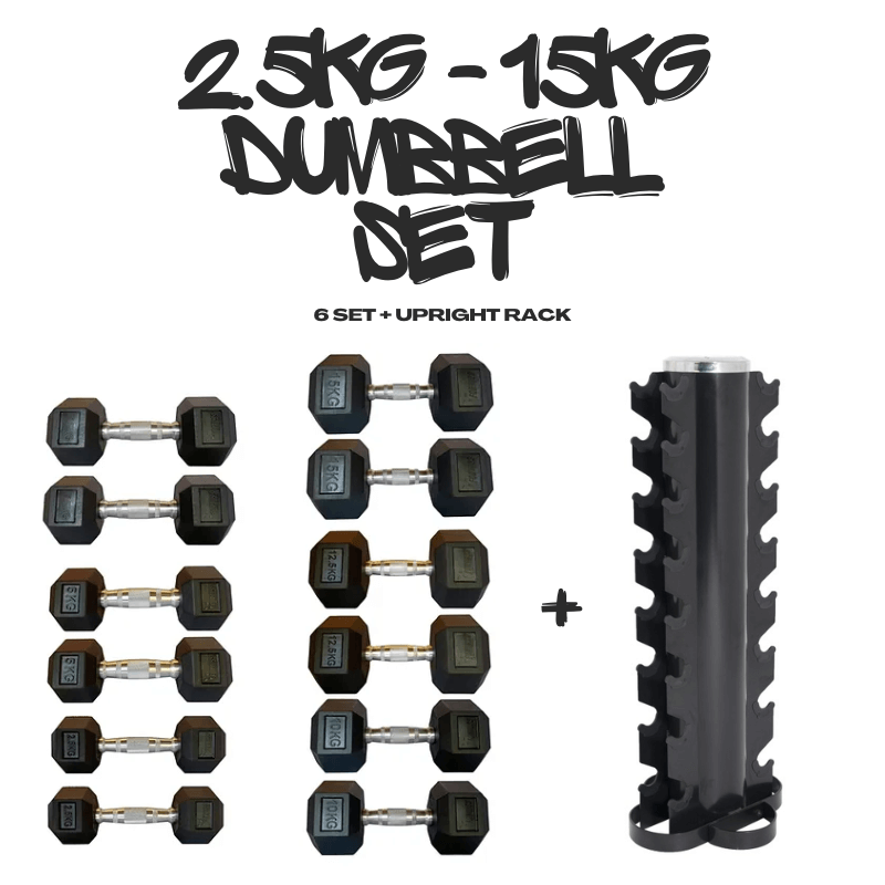 Force Fitness Rubber Hex Dumbbell Upright Set (2.5kg - 15kg) - 6 Sets — side view