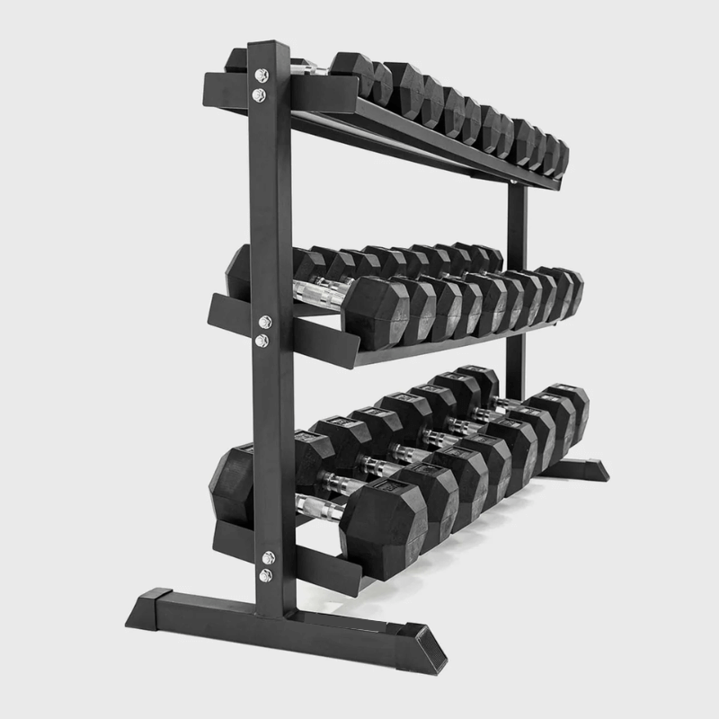 Force Fitness 2.5kg - 30kg Rubber Hex Dumbbell Set + Rack — rear view