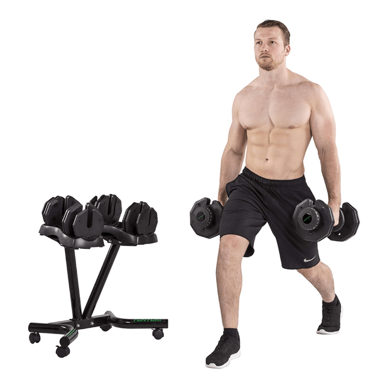 Tunturi 25kg Selector Dumbbell Set + Stand — side view