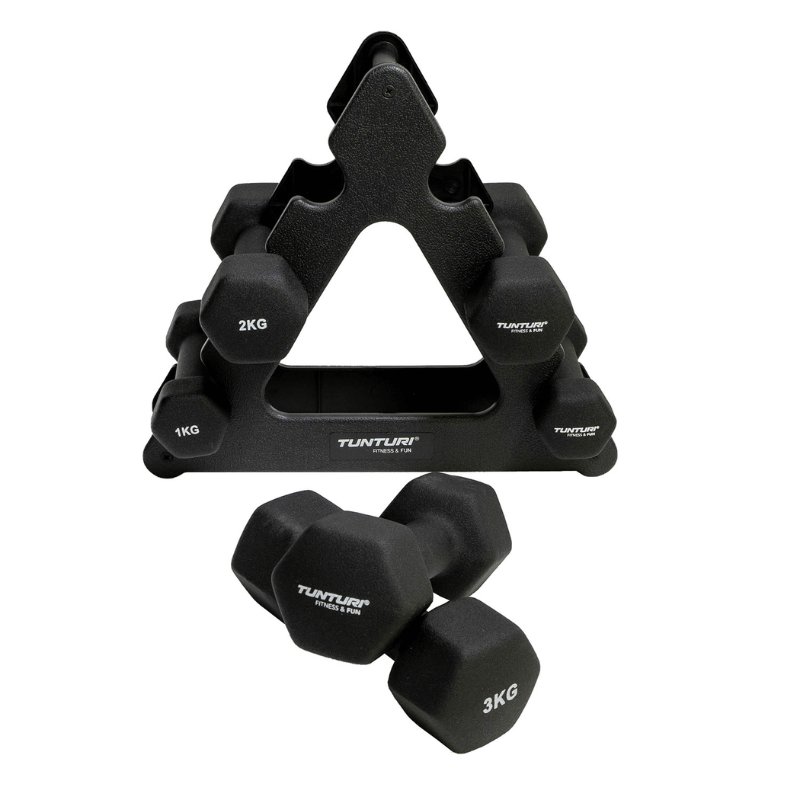 Tunturi Neoprene Dumbbell Set 1kg - 3kg + Stand — close-up of the frame