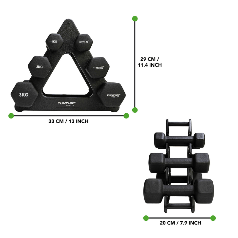 Tunturi Neoprene Dumbbell Set 1kg - 3kg + Stand — side view