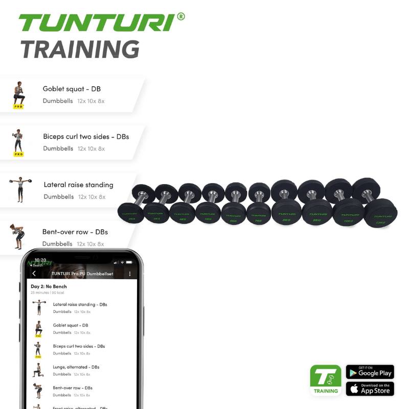 Tunturi Pro Commercial Round Pu Dumbbell Set (2kg-42kg) — side view