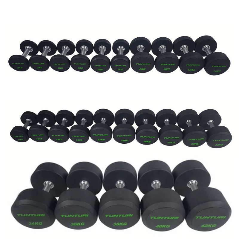 Tunturi Pro Commercial Round Pu Dumbbell Set (2kg-42kg) — dumbbell set available from Gym Machines South Africa