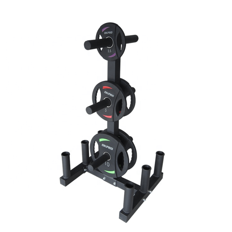 Olympic Weight Plate Tree Rack + 6 Barbell Holder — side view